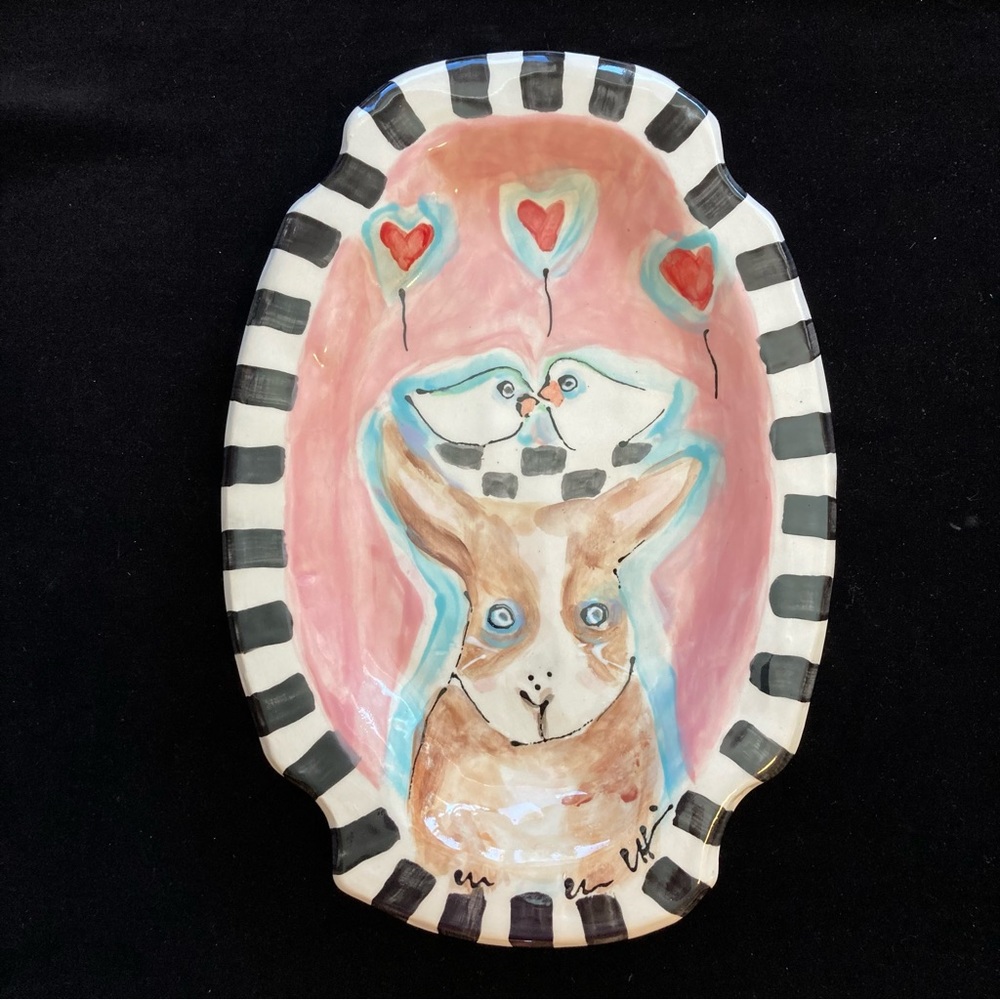 Large Handmade Ceramic Platter with Bunny and Nesting BirdsOriginalDesignOOAK